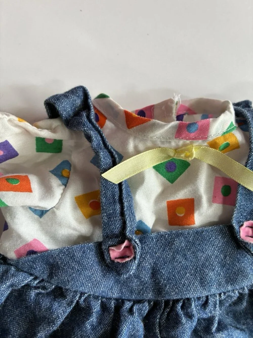 Vintage Magic Nursery Doll Denim Jumper Dress Geometric Print Outfit